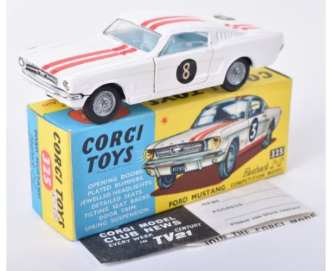 Corgi Toys 325 Ford Mustang Fastback 2+2 Competition Model, white body, red stripes, light blue interior, cast wheel hubs, ra