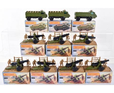 Ten Military Matchbox Superfast Boxed Models, 7 x 32e Field Guns, military green, black wheels, light brown bases, with two s