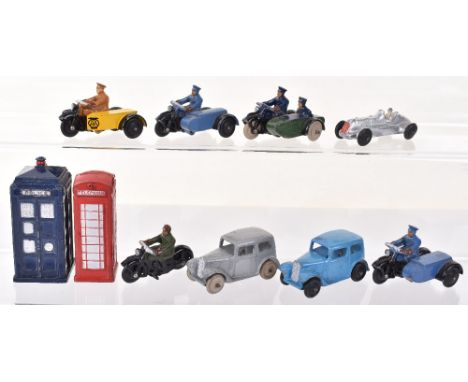 Dinky Toys Postwar Motorcycles,37a civilian motorcyclist,42b Police motorcyclist patrol, 2 x 43b RAC motor cycle patrol, 44b 