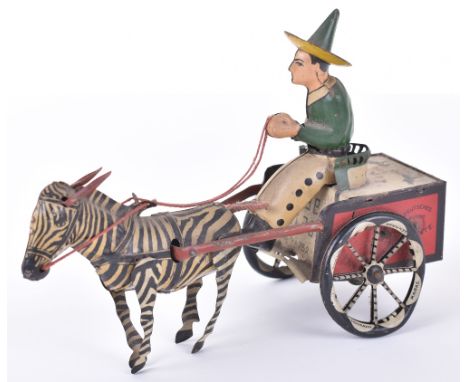 Lehmann Zikra Zebra and Cart 752, lithographed tin plate Mexican driver with green jacket, white trousers, tin printed zebra,