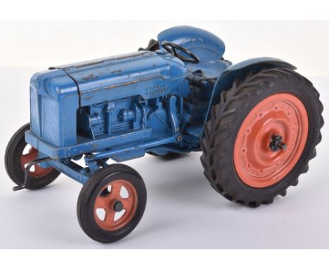 Chad Valley Large Scale Fordson Major Tractor, dark blue diecast/tinplate body, orange wheel hubs, working clockwork motor, i