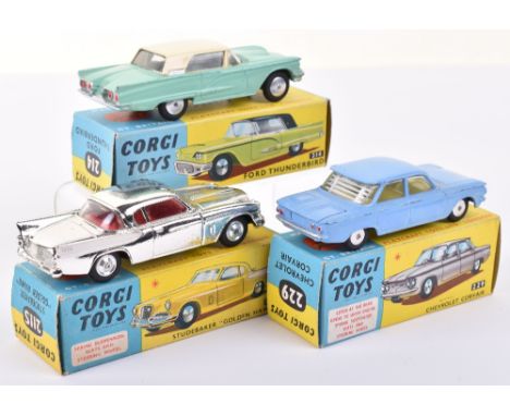 Three Boxed Corgi Toys, 211S Studebaker Golden Hawk, gold plated body, red interior, sone fading, shaped spun wheel hubs, 214