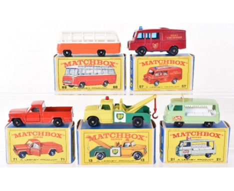 Five Boxed Matchbox Regular Wheel Models, 13d Dodge Wreck truck, yellow cab/green back, red hook BP decal, 21c Commer milk de