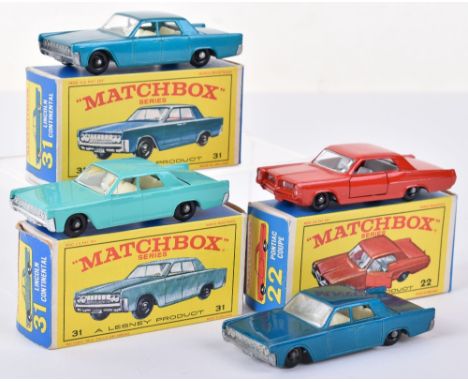 Three Boxed Matchbox Regular Wheels USA Cars,22c Pontiac coupe, red body, black plastic wheels, 31c Lincoln Continental metal