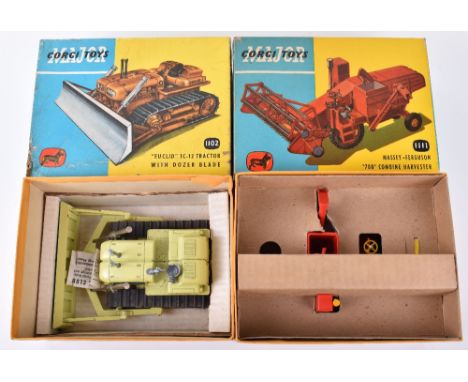 Two Boxed Corgi Major Toys, 1102 “Euclid TC-12 Tractor with dozer blade, lime green body, black rubber tracks, in good used o