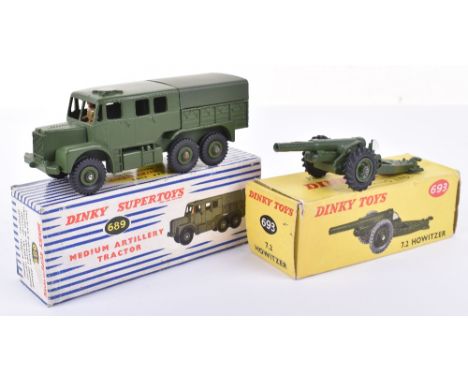 Two Boxed Military Dinky Toys, 689 Medium Artillery Tractor, 693 7.2 Howitzer (missing plastic elevating wheel), both in exce