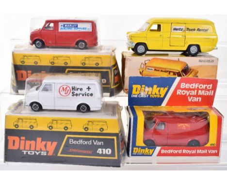 Dinky Toys Boxed 410 Bedford Vans, MJ Hire Service, Marley Building Supplies, Royal Mail, all in mint original condition, box