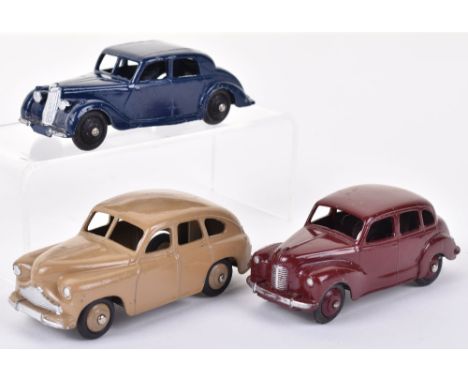 Three Dinky Toys Cars, 40a Riley, dark blue body, black ridged wheel hubs, 40d Austin Devon, maroon body/wheel hubs and 40e S