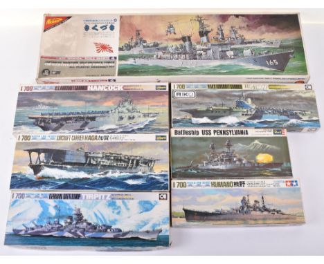 Nine Naval Waterline Plastic Construction Kits, including: Tamiya Kumano 1:700, Revell Battleship USS Pennsylvania 1:720, Aos