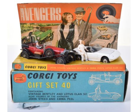 Corgi Toys The Avengers Gift Set 40, containing red/black Bentley and white Lotus Elan S2, with original Emma Peel figure, mo