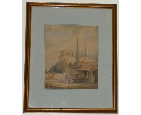 Three 19th century watercolours comprised of a Continental scene of figures on a hillside road, 6.5cm x 14.5cm, another Conti