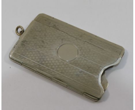 A silver plated 'Jigger' squeeze action sprung calling card case, with engine turned decoration, 8.6cm high x 9.7cm wide  - P