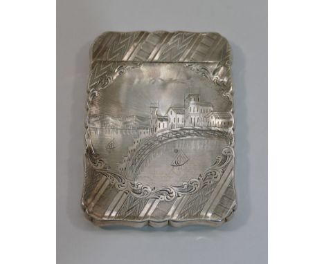 A 19th century silver calling card case with hinged top and engine turned and bright cut engraved decoration, with wavy edge,