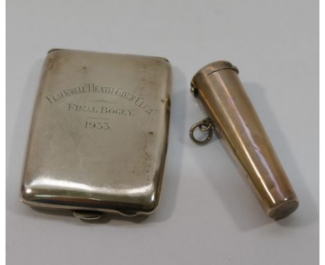 A rectangular silver match book case, London 1932, engraved 'Flack Heath Golf Club, Final Bogey, 1933', 6.2cm x 4.5cm and a V