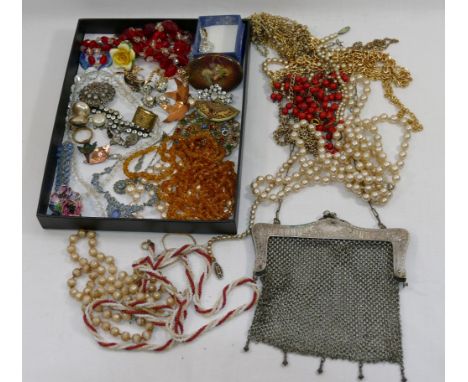 Two silver filigree brooches with gold panels to the centre, paste set jewellery, enamelled and ceramic jewellery items and a