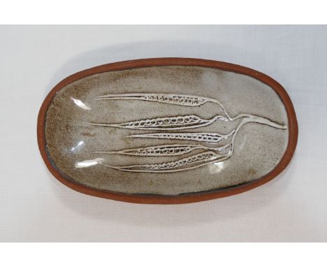 A David Leach small oval pottery dish, decorated with seed pods, 16cm x 9cm   CONDITION REPORT:  If you require further image