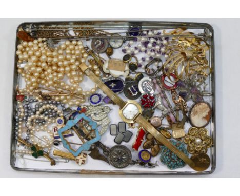 A quantity of costume jewellery and other items including a gold plated ladies Hamilton 'Automatic Fontainbleau' watch, faux 