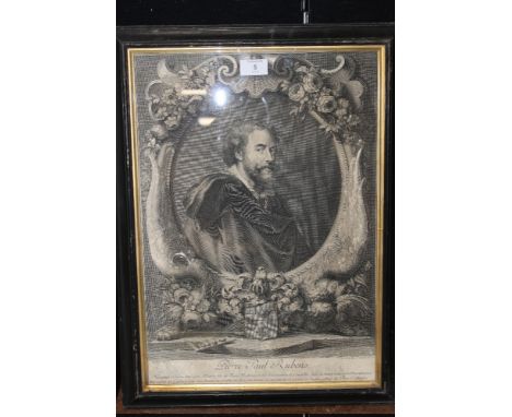 A FRAMED ENGRAVING PORTRAIT OF PIERE PAUL RUBENS AFTER VAN DYCK ENGRAVED I M NATTIER 1710