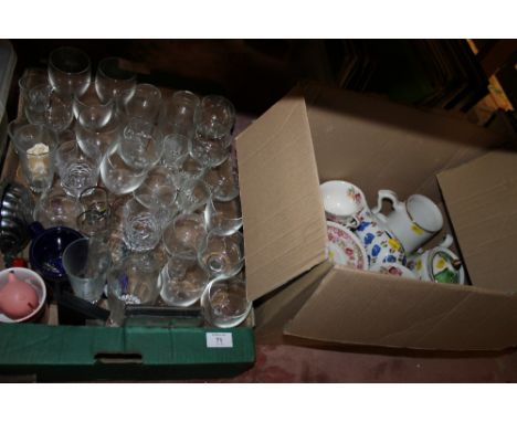 A TRAY OF GLASSWARE & A BOX OF CHINA