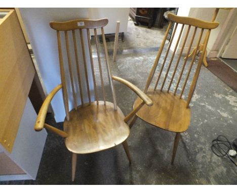 AN ERCOL LIGHT ELM ARM CHAIR & CHAIR (2 )