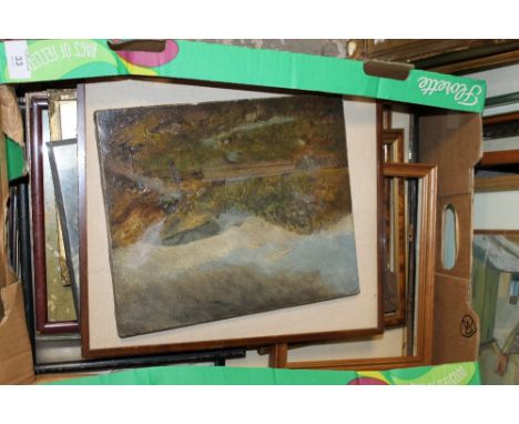 A BOX OF ASSORTED VINTAGE PICTURES & PICTURE FRAMES