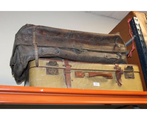 A LARGE VINTAGE LEATHER SUITCASE A/F & ANOTHER (2)