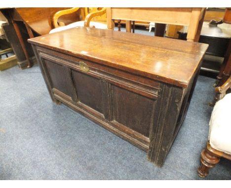 A 19TH CENTURY OAK COFFER WITH RECORD PLAYER TO THE INTERIOR