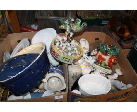 TWO TRAYS OF ASSORTED CERAMICS & CHINA TO INC VINTAGE JELLY MOULDS, ORNAMENTS ETC