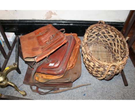 A SELECTION OF VINTAGE LEATHER SATCHELS & A WICKER BASKET