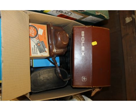 A BOX OF VINTAGE CAMERAS, BINOCULARS ETC