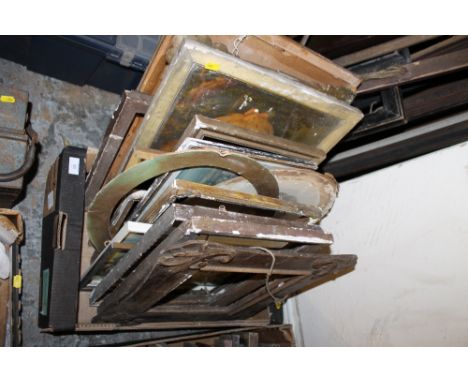 A BOX OF FRAMES - ASSORTED QUANTITY, SOME WITH GLASS & PRINTS