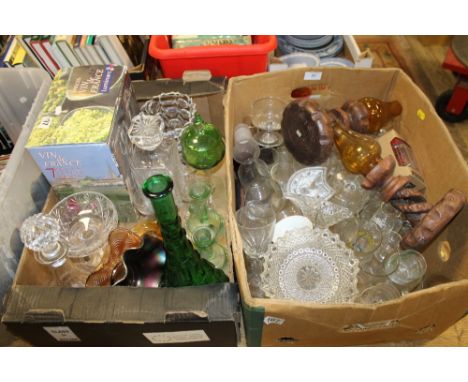 TWO TRAYS OF ASSORTED GLASSWARE TO INC TREEN CANDLESTICKS, CUT GLASS ETC