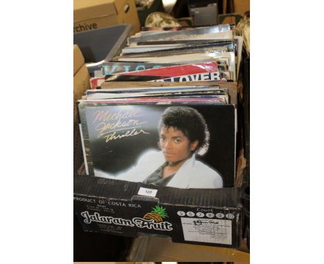 A TRAY OF MOSTLY 1980S RECORDS TO INC MICHAEL JACKSON, STEVIE WONDER, SIMPLE MINDS ETC
