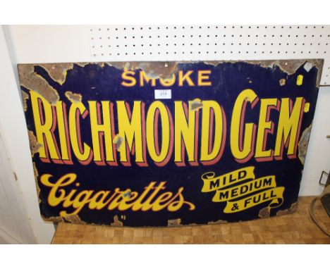 A VINTAGE 'RICHMOND GEM, MILD, MEDIUM & FULL CIGARETTES' ENAMEL SIGN