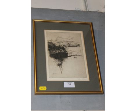A VINTAGE ENGRAVING OF A COASTAL SCENE SIGNED HUGH PATON