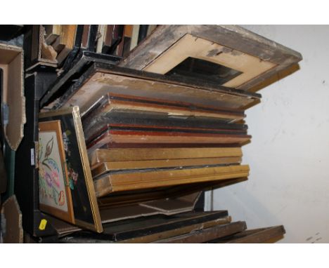 A BOX OF FRAMES - ASSORTED QUANTITY, SOME WITH GLASS & PRINTS
