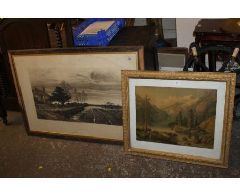 A FRAMED ETCHING OF A LANDSCAPE TOGETHER WITH A FRAMED COLOURED PRINT, AMERICAN MOUNTAIN LANDSCAPE