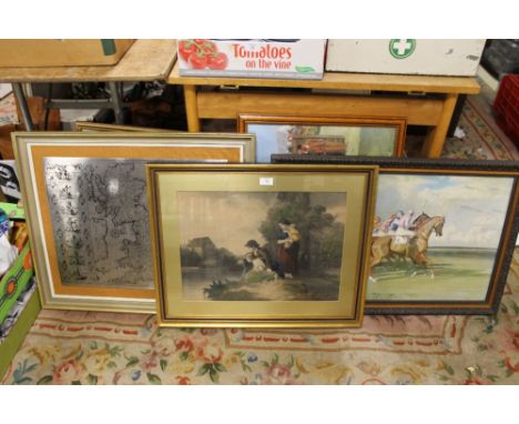 A QUANTITY OF PICTURES & PRINTS TO INC HORSE RACING INTEREST, COLOURED ENGRAVING ETC