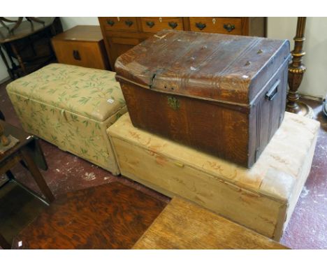 2 upholstered Ottomans and tin trunk