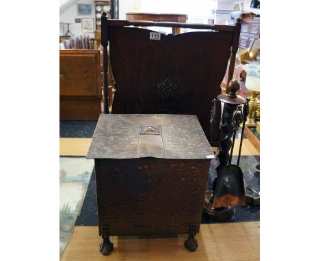 Wooden firescreen, companion set and copper coal box