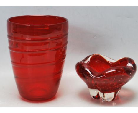 A vintage 1960s Whitefriars Powell ruby glass vase having ribbon trail along the surface, together with a Whitefriars molar b