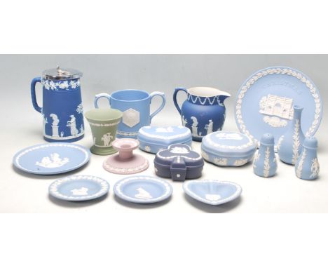 A collection of vintage 20th century Wedgwood ceramic Jasperware all having white raised neoclassical decoration throughout c