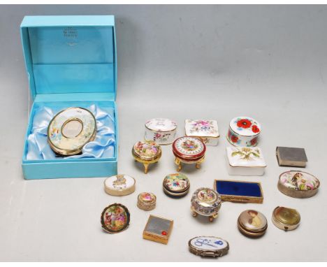 A large collection of 20th century vintage bone china and metal pill trinket boxes to include Hammersley, Blue Water of Engla