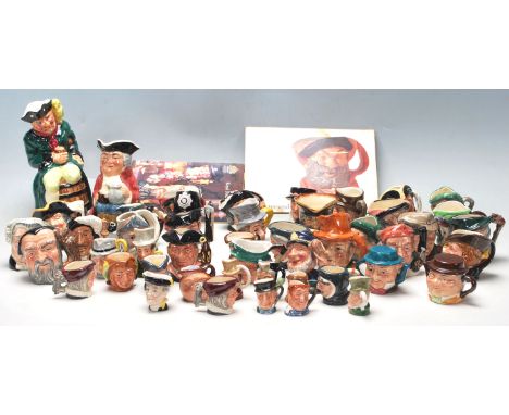 A large collection of miniature ceramic Royal Doulton toby jugs featuring characters such as; Falstaff, Beefeater, Town Crier