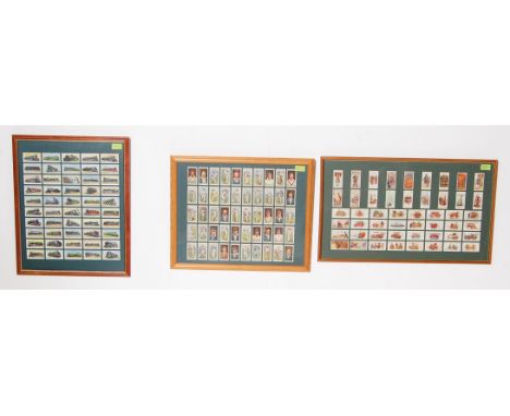 A collection of three framed and glazed cigarette card sets to include Locomotives by Wills’s cigarette, 1928 Cricketers by W