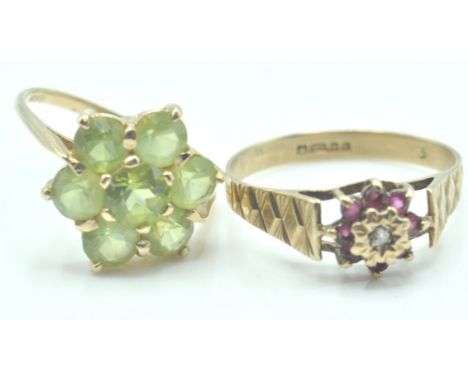 A 9ct gold cluster ring set with seven round cut peridot stones (hallmarked London, size L.5) together with a 9ct gold ring s