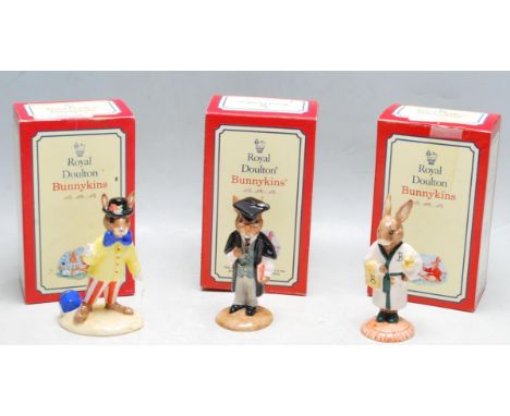 A collection of three 20th century ceramic Royal Doulton Bunnykins figurines comprising of Joker Bunnykins, Bath Time &amp; S