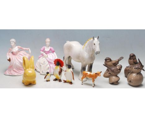 A good collection of British ceramic figurines to include a large white Beswick shire horse, &nbsp;brown Beswick calf, Beswic
