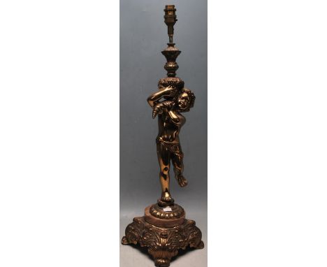 A 20th Century neoclassical style bronzed lamp base in the form of a cherub holding a cornucopia of flowers aloft raised on a