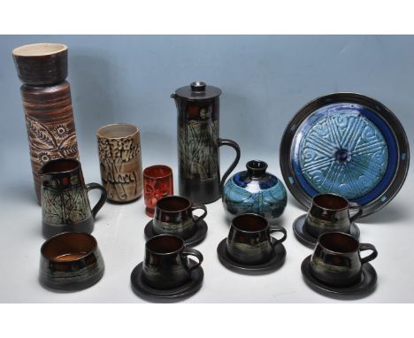 A collection of retro vintage late 20th century studio art pottery by Celtic Pottery Newlyn Cornwall comprising of tea cups, 